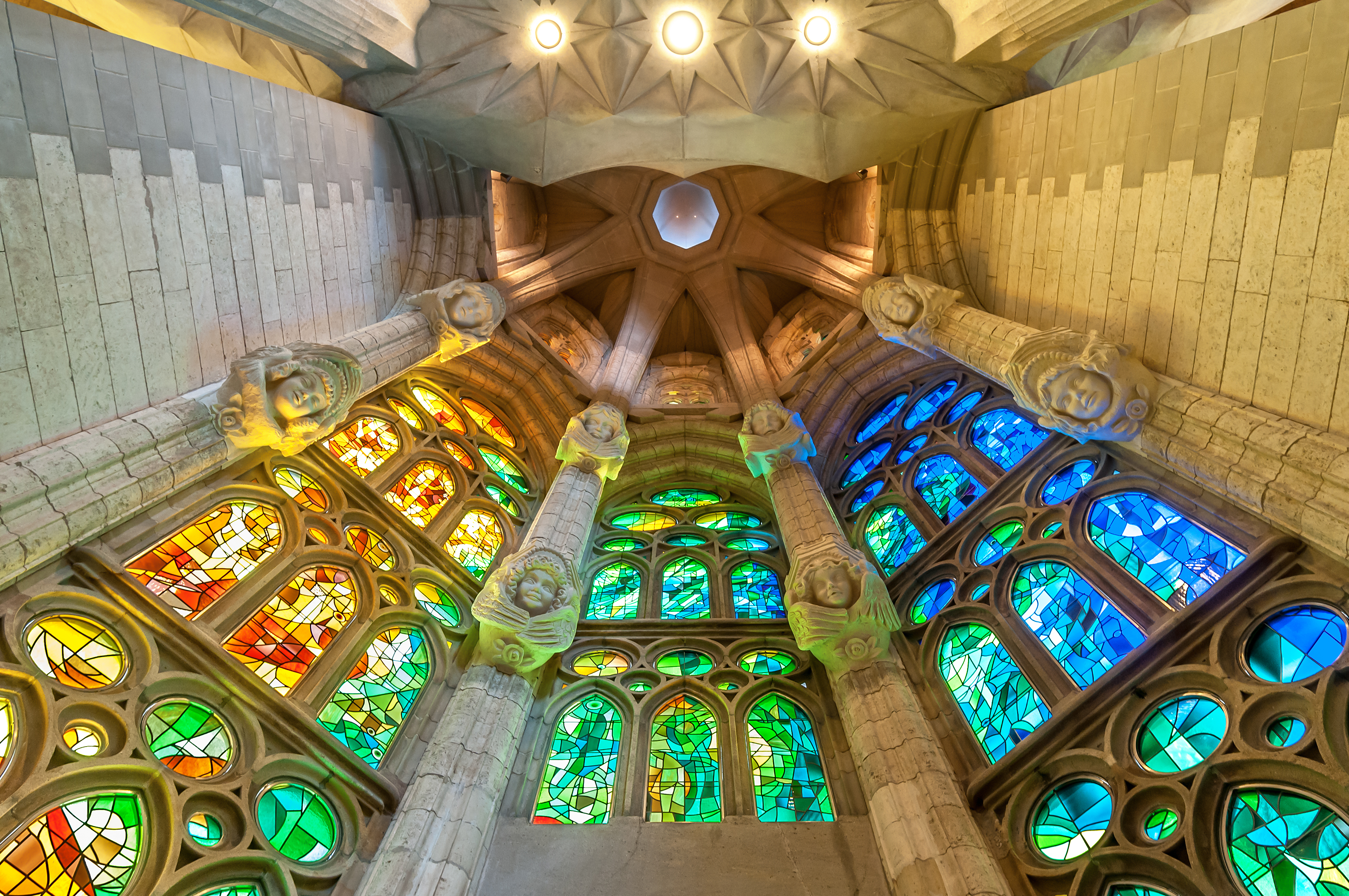 "stained windows of Sagrada Familia. Barcelona, Spain, Europe."